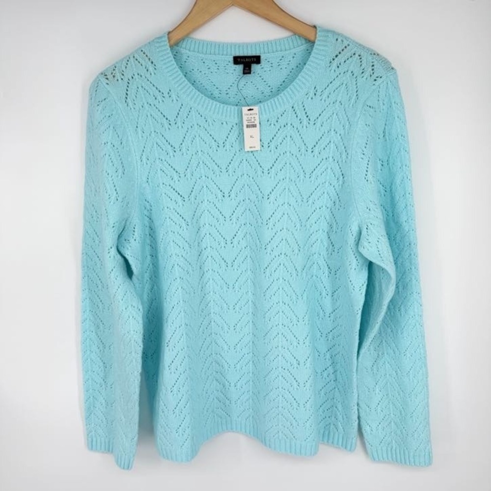 NEW Talbots Pointelle Knit Sweater Women XL Aqua Blue Pullover Soft Coastal Cozy